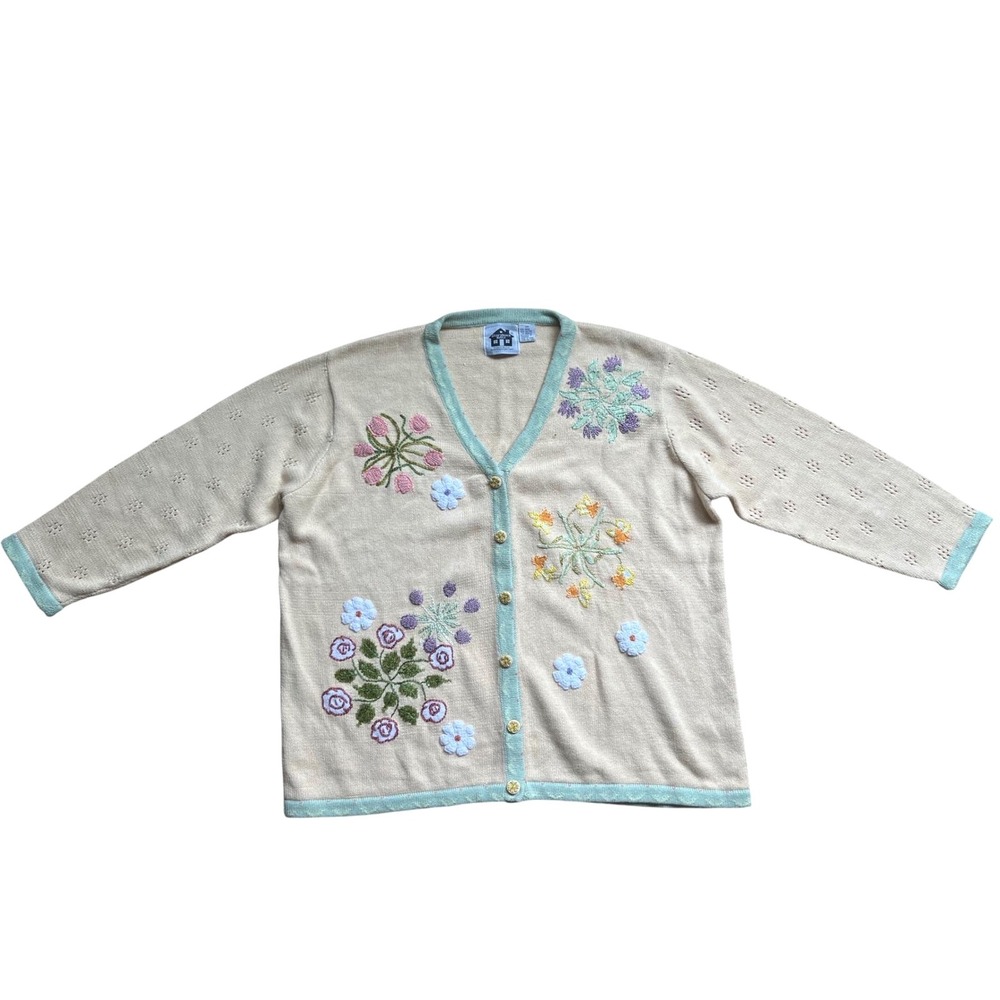 Storybook Knits Vintage Floral Embroidered Cardigan Plus 2X 90s Cottagecore Y2K